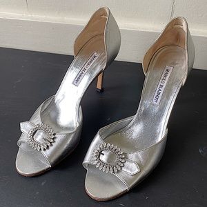 Manolo Blahnik Silver D’Orsay with Open Toe and Crystal Embellishments Size 39